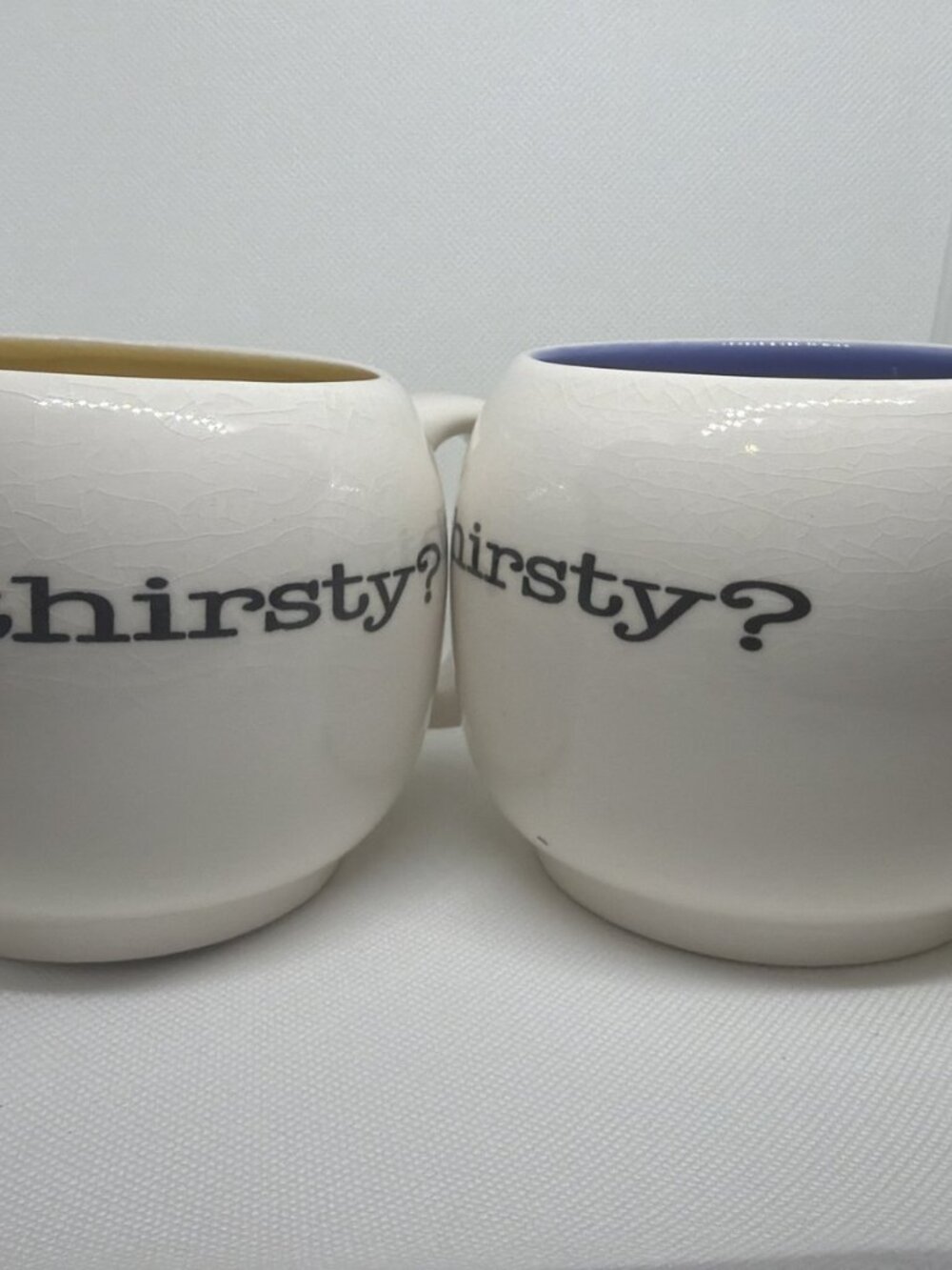 Pair of thirsty? Mugs Cream Crackle Glaze Mustard & Blue